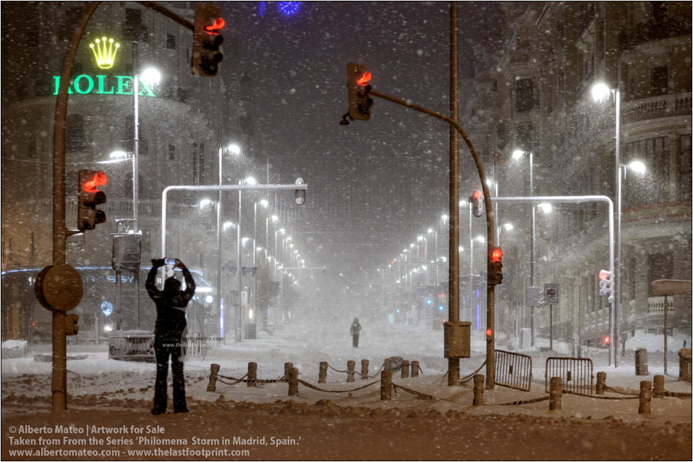 Gran Via during Filomena Winter Snow Storm, Madrid, Spain.