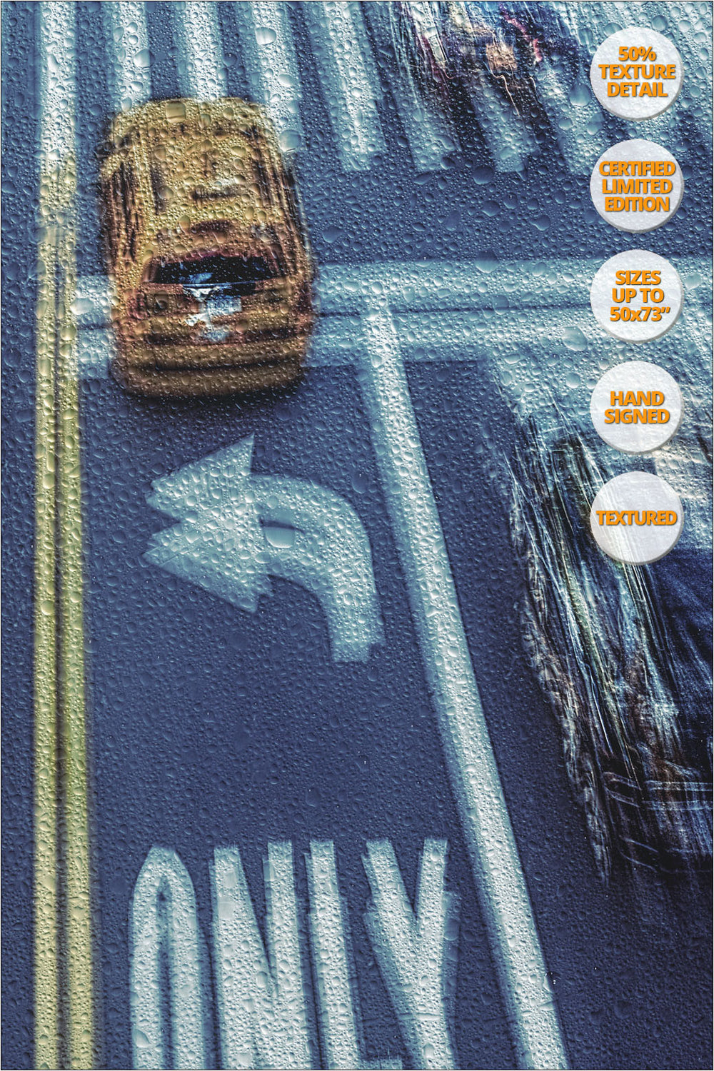 Taxis under the Rain, New York. | View of the Print at 50% magnification detail.