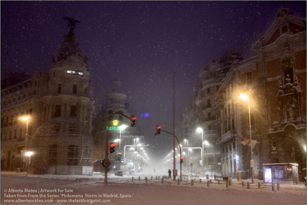 Metropolis Building and Gran Via during Filomena Winter Snow Storm, Madrid, Spain.
