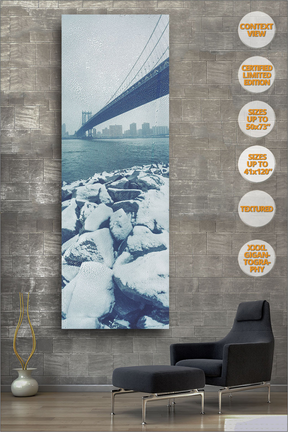 Manhattan Bridge in Blizzard, Winter, New York. | View of the Print hanged in Reading Room.