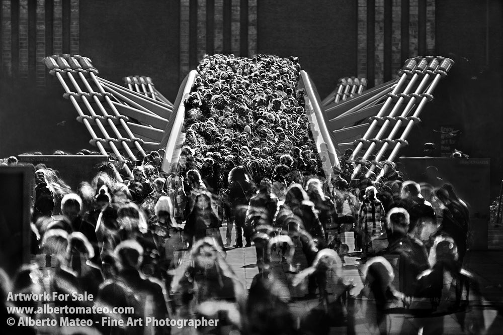 Crowd on Millenium Bridge, London, United Kingdom. | Black and White Print.