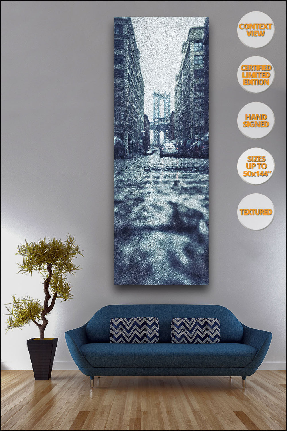 Manhattan Bridge in the rain, NYC. | Limited Edition Giant Print hanged over sofa.