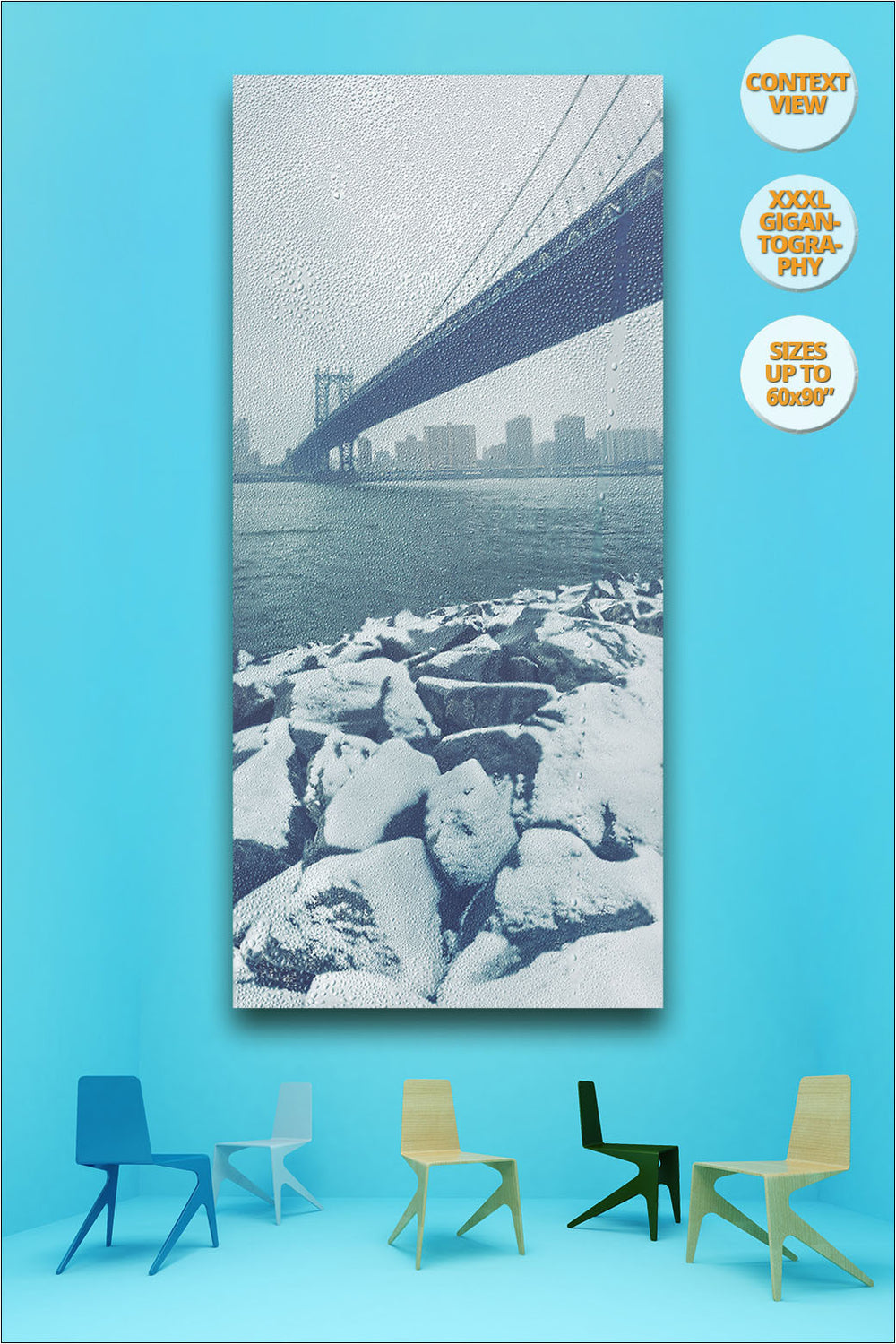 Manhattan Bridge in Blizzard, Winter, New York. | View of Giant Print hanged in office.