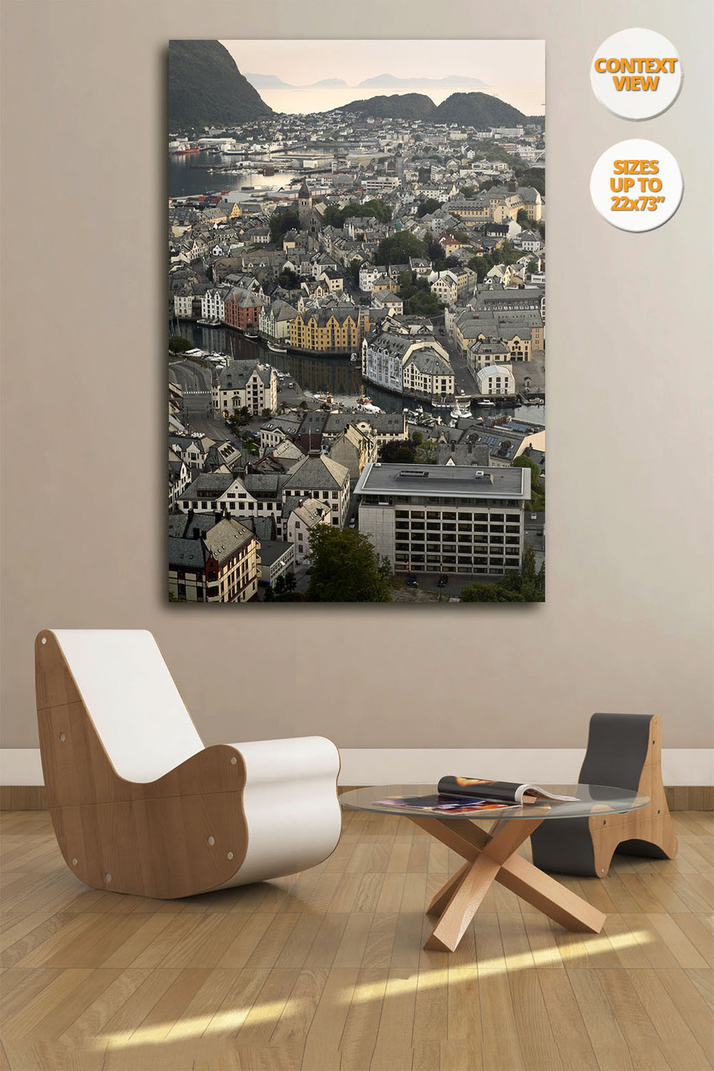 Aerial view of Alseund, Sunnmore Fiord Region, Norway. | Hanged in a living room.