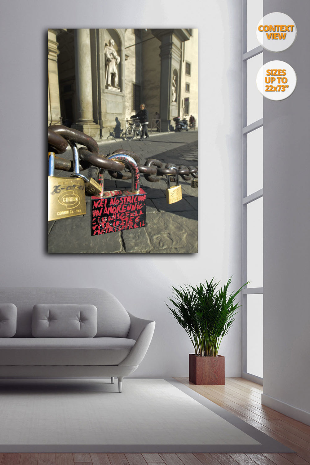 Lock with love writings, Florence, Italy. | View of the Print hanged next to window.