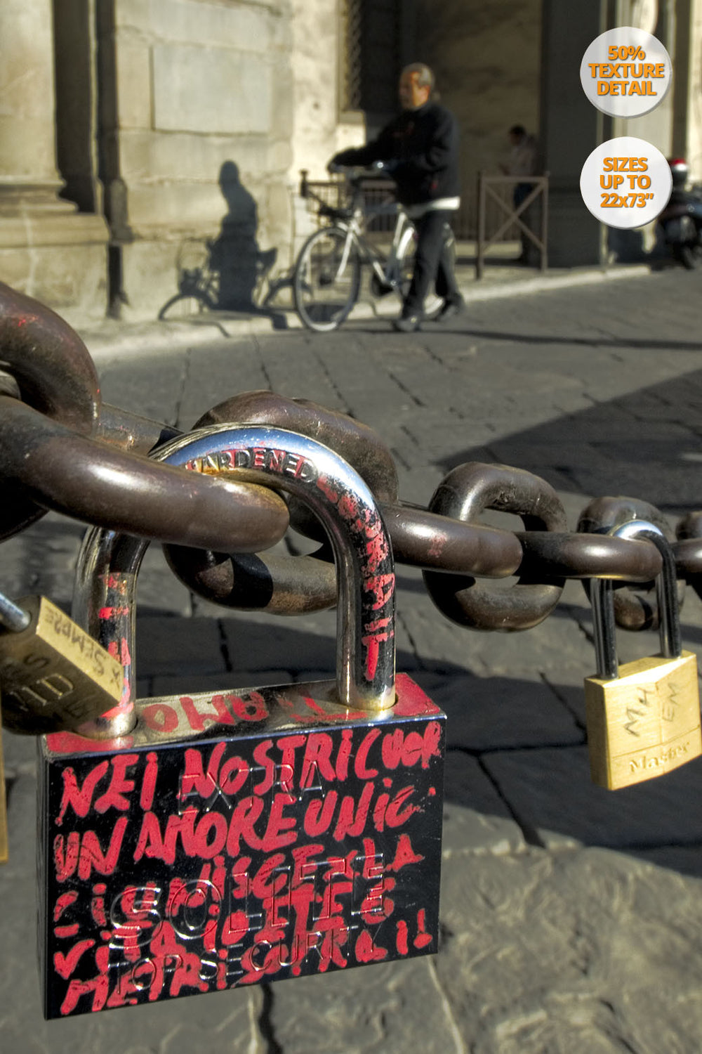 Lock with love writings, Florence, Italy. | 50% Magnification Detail.