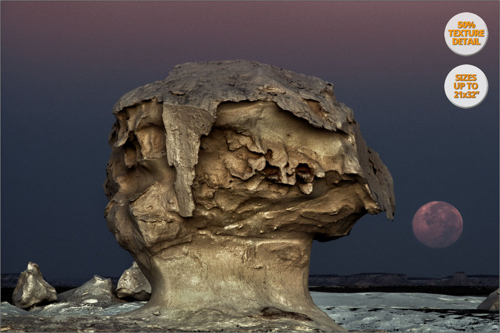 The Moon rising among rock formations, White Desert, Egypt. | 50% Magnification Detail.