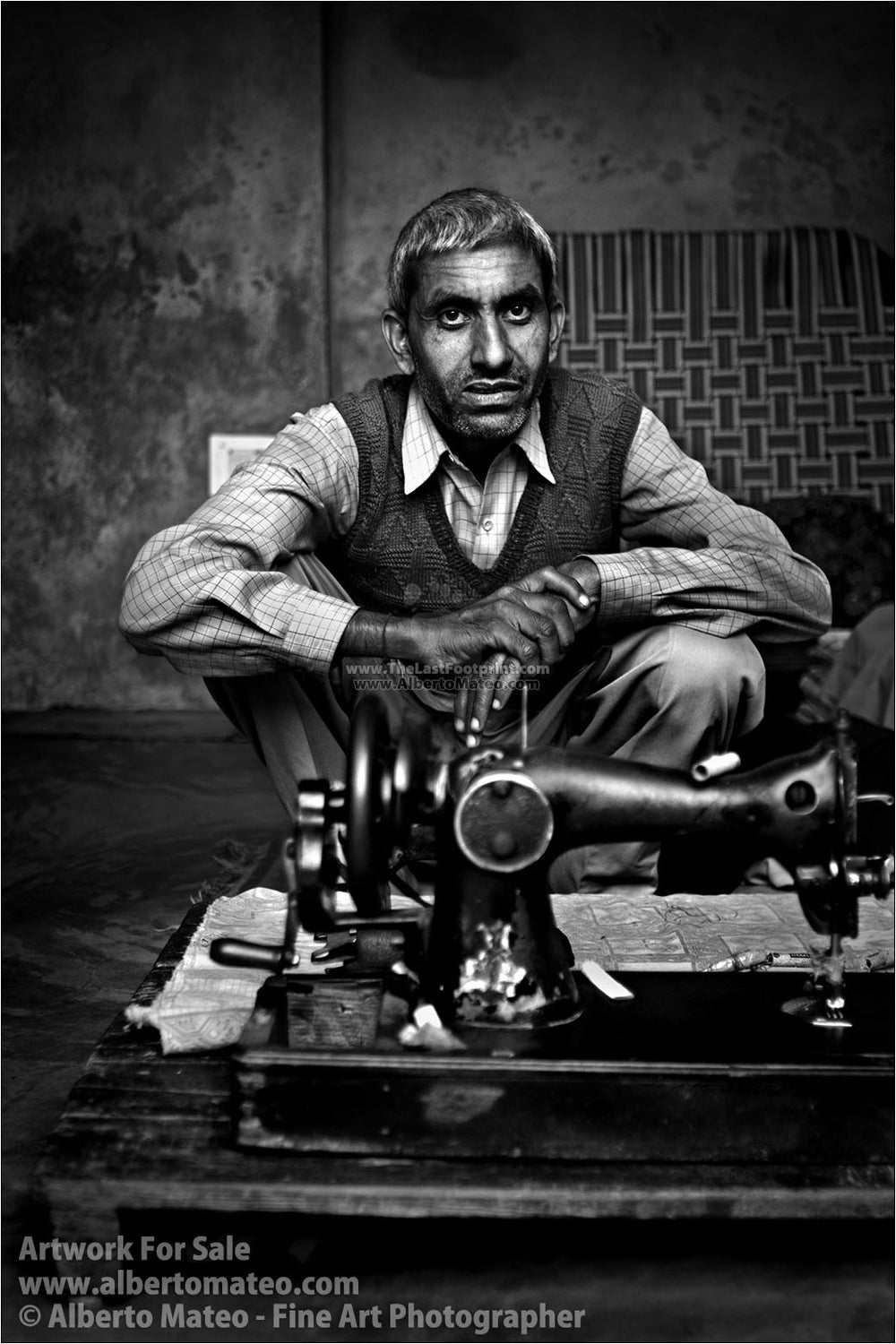 Tailor with his sewing machine, Chandigarh, India. | Black and White Fine Art Print.
