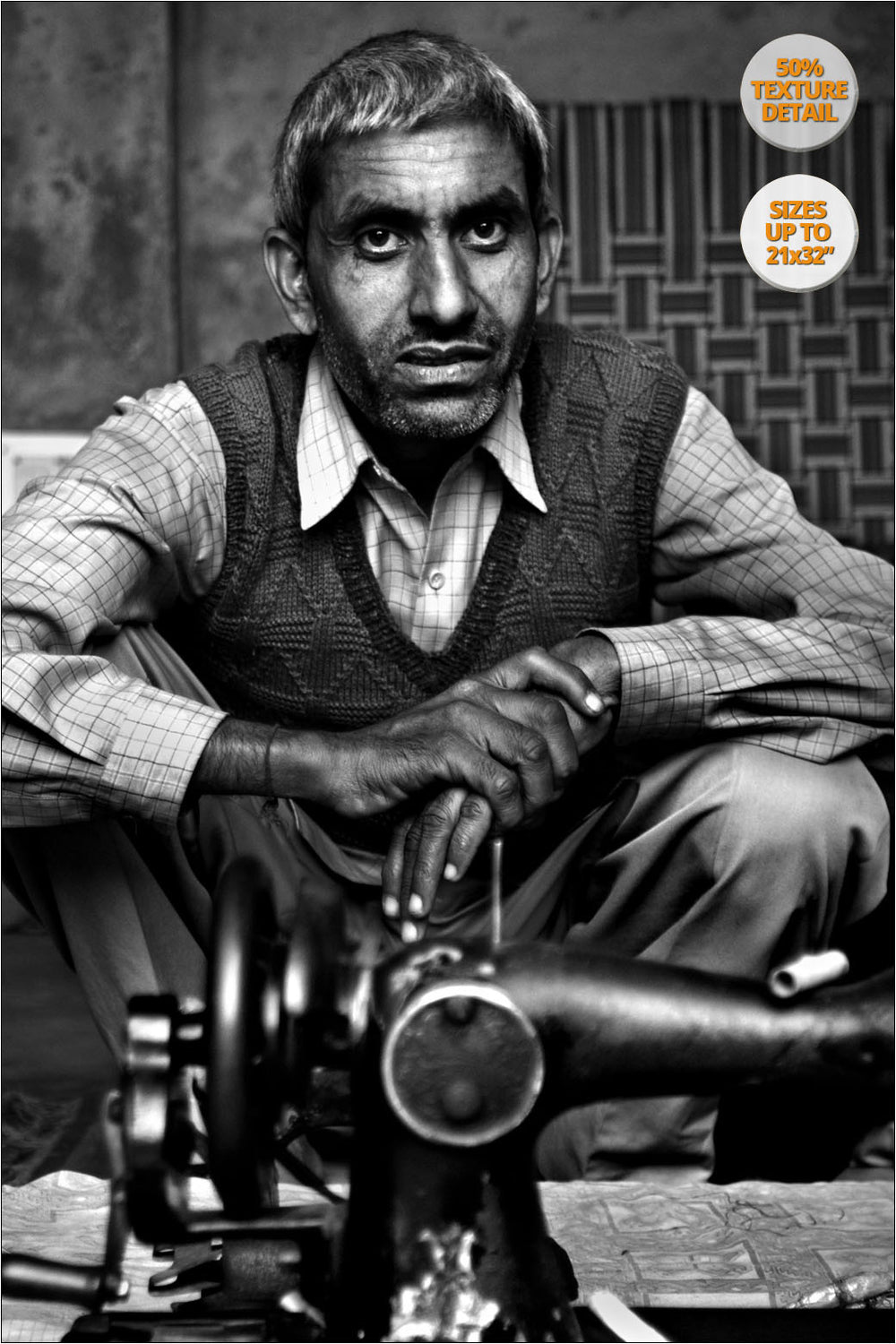 Tailor with his sewing machine, Chandigarh, India. | View of the Print at 50% magnification detail.