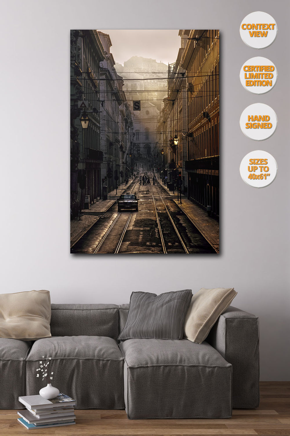 Taxi in La Baixa at sunrise, Lisboa, Portugal. | Print hanged in living room.