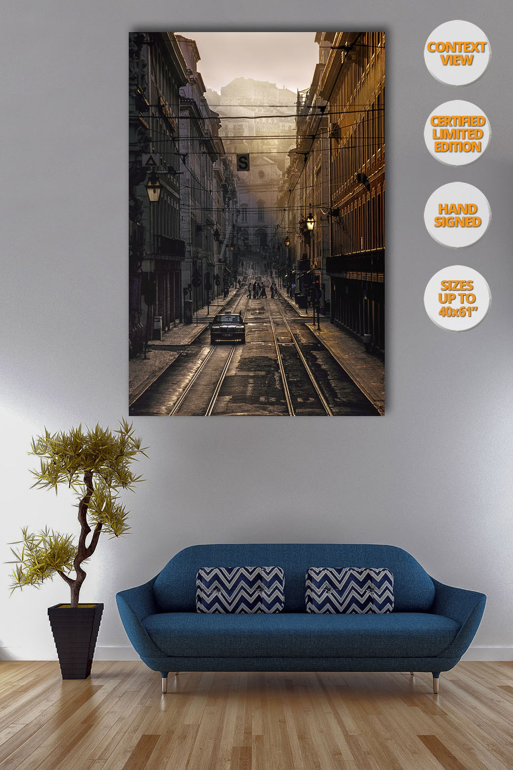 Taxi in La Baixa, sunrise, Lisabon, Portugal. | Print hanged on sofa.