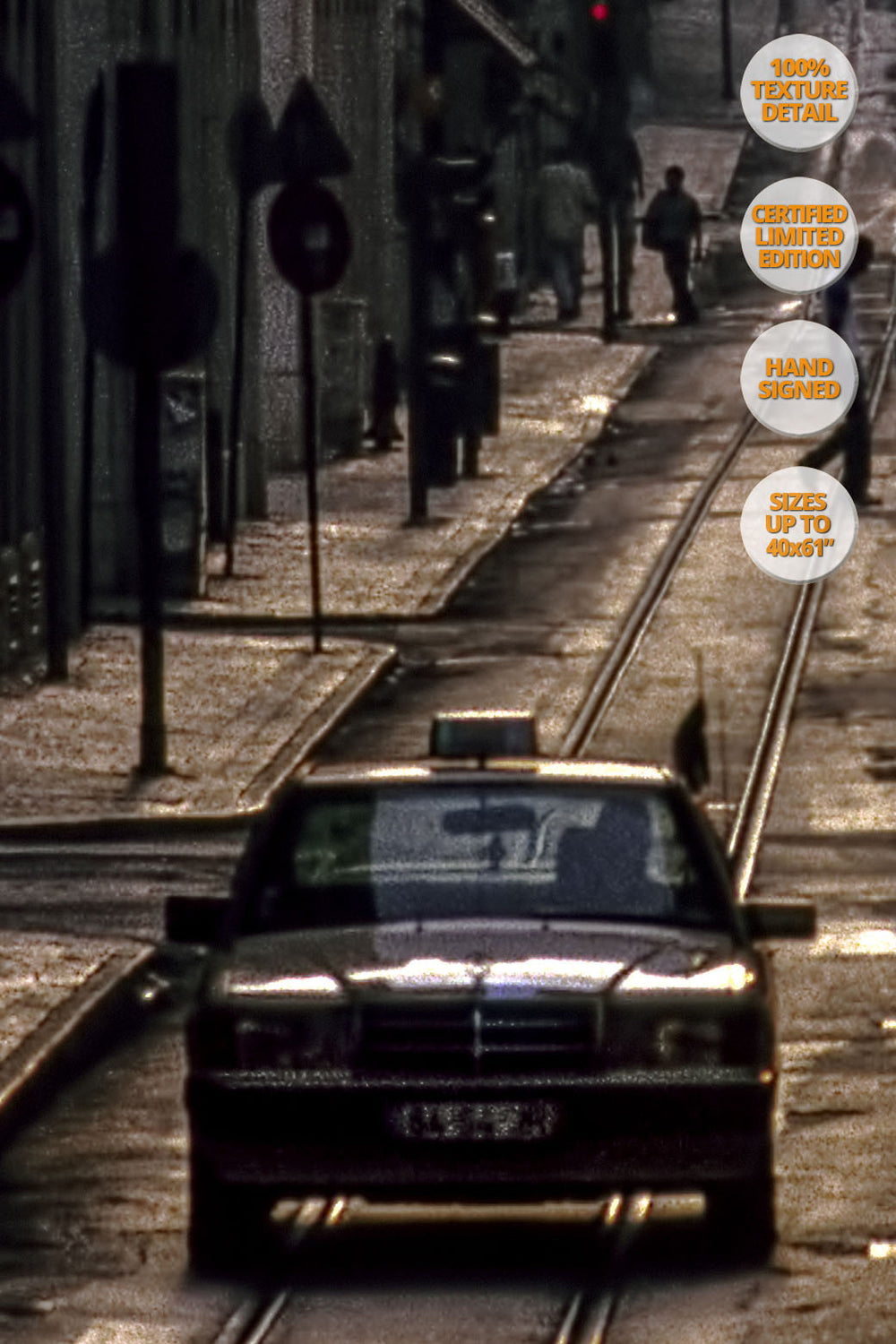 Cab at sunrise, La Baixa, Lisboa, Portugal. | 100% magnification detail view.