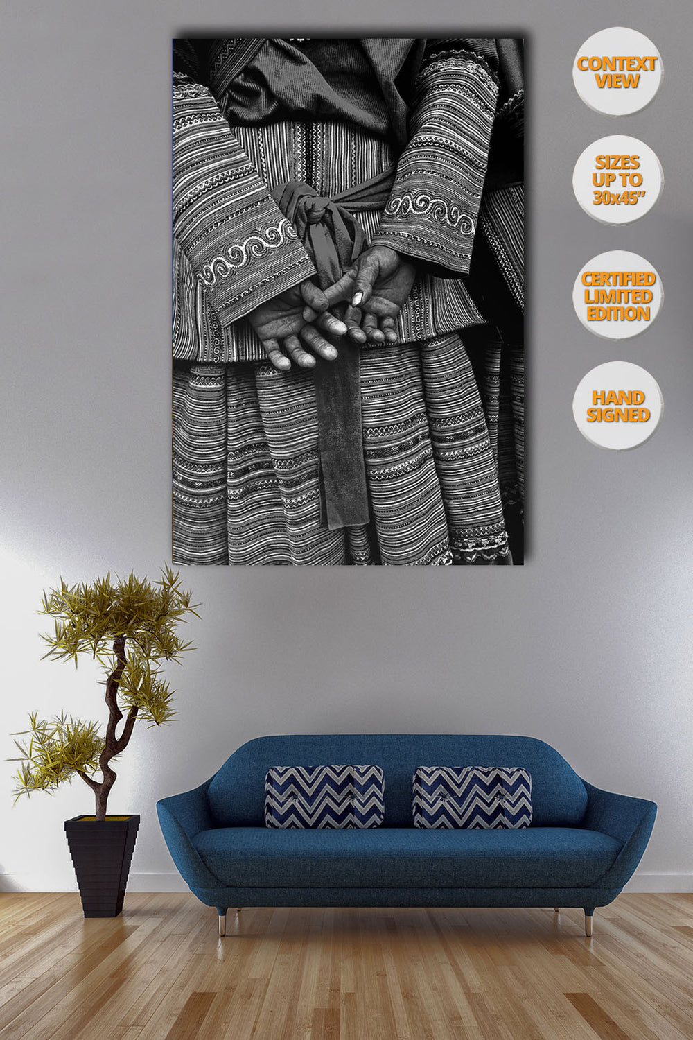 Detail of hands of a Hmong woman, Bac Ha, Vietnam. | Hanged over sofa.