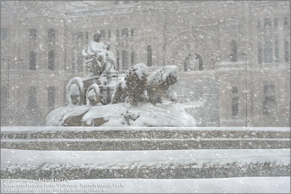 Snow on Cibeles Monument, Filomena Winter Snow Storm, Madrid, Spain.