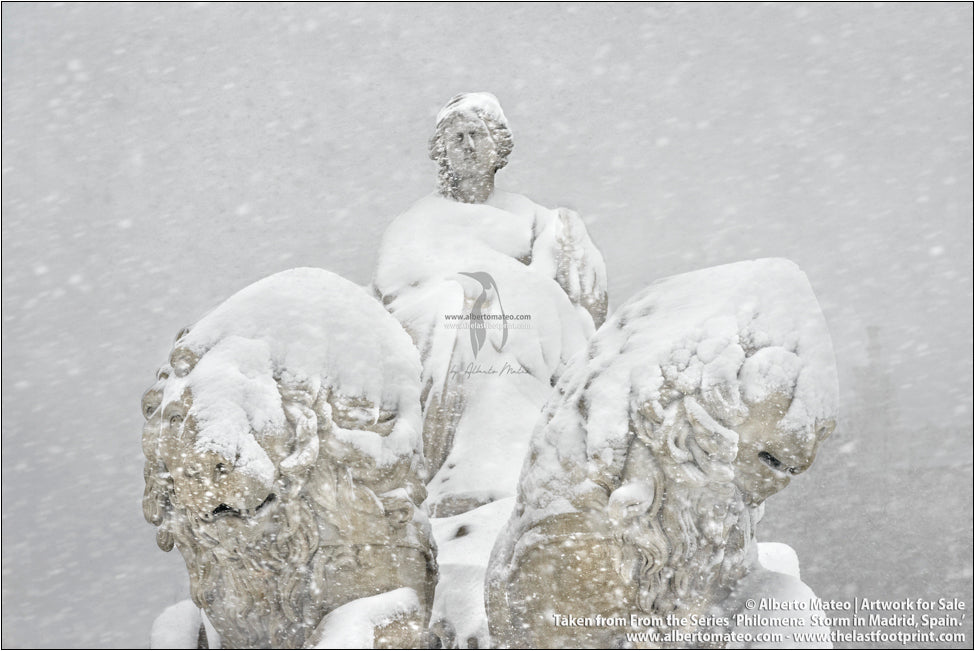 Snow on Cibeles Monument (Detail), Filomena Winter Snow Storm, Madrid, Spain.