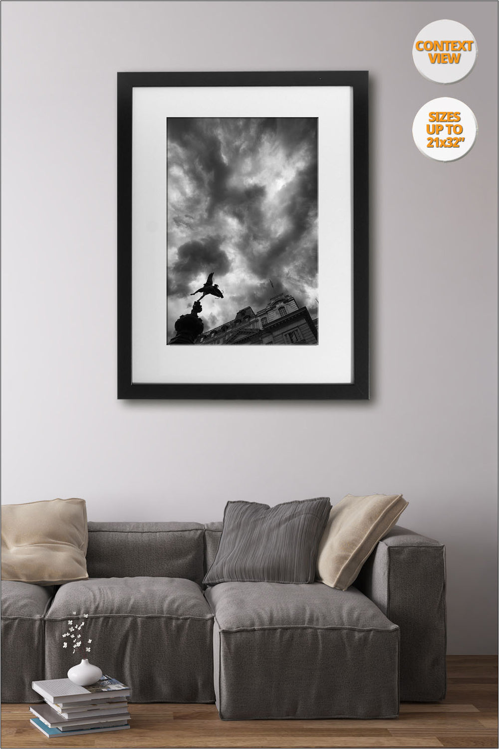 Eros sculpture and storm clouds, Picadilly, London, UK. | Framed in living room.
