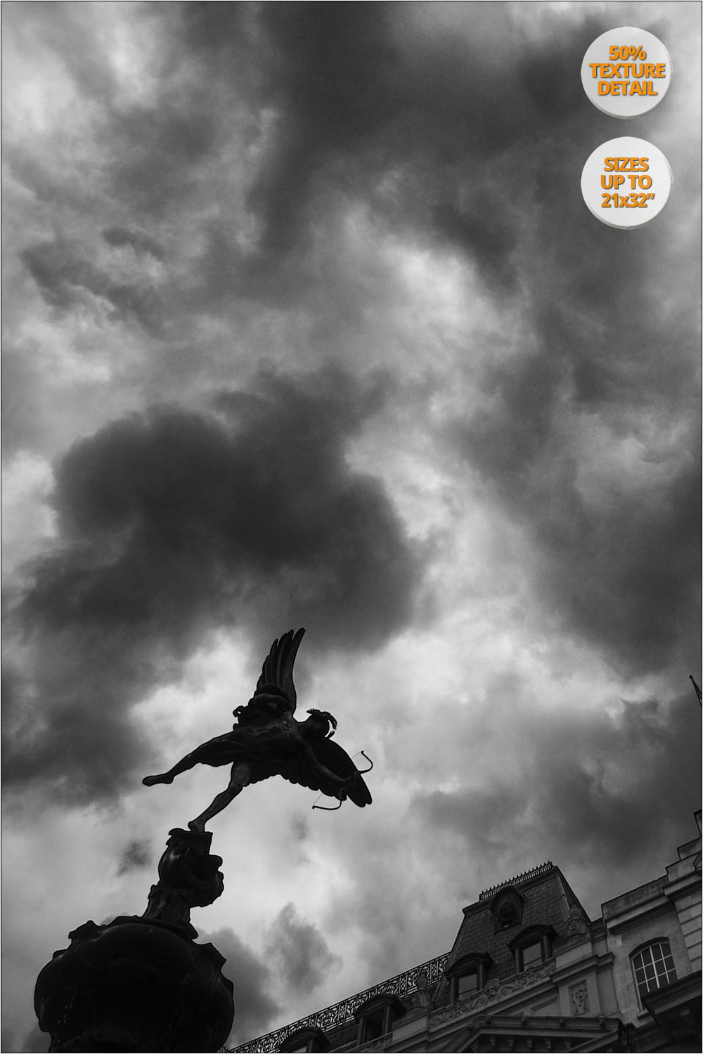 Eros sculpture and storm clouds, Picadilly, London, UK. | Detail at 50%.