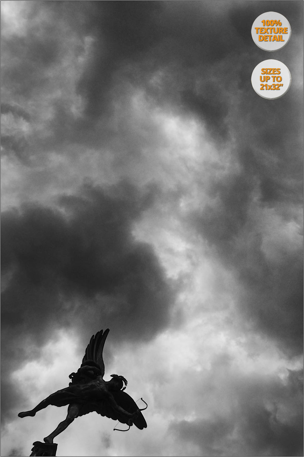 Eros sculpture and storm clouds, Picadilly, London, UK. | 100% Magnification detail.