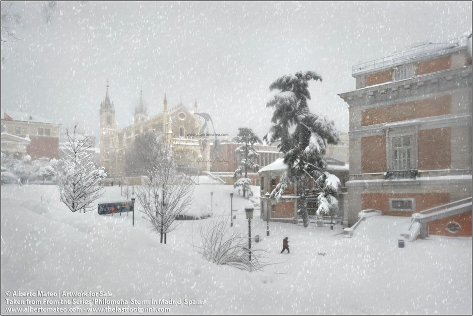Jeronimos Church and Museo del Prado, Filomena Winter Snow Storm, Madrid, Spain.