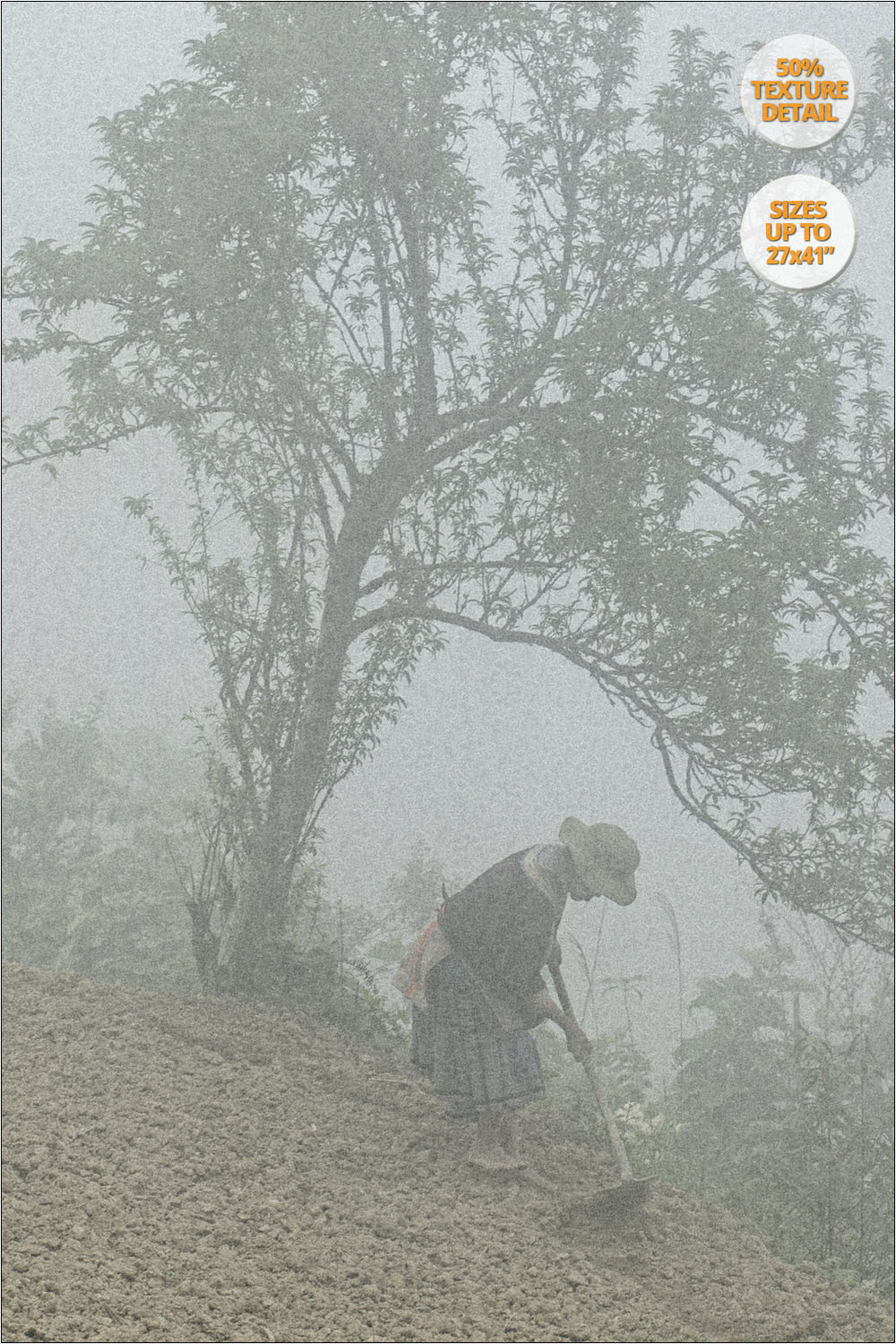 Hmong woman sowing in the fog, Bac Ha, Vietnam. | 50% Magnification Detail.