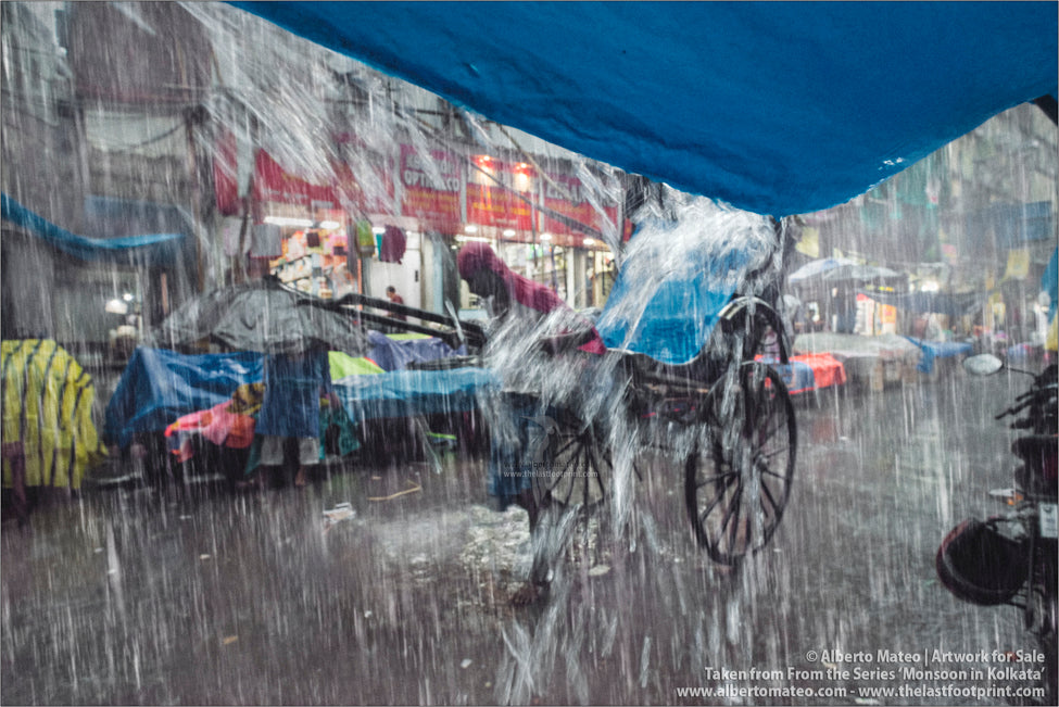 Rickshaw under Heavy Rain, Bara Bazar, Kolkata, Bengal, India.