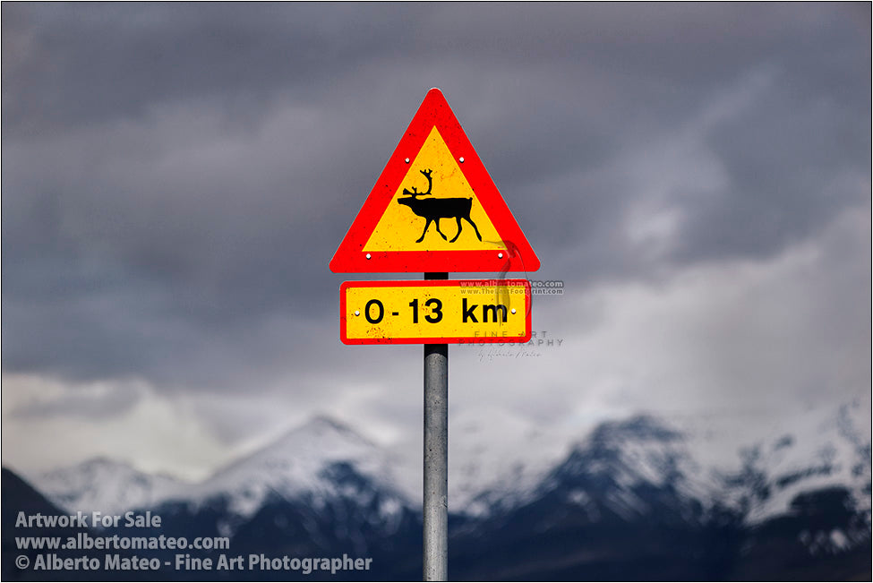 Warning Plate and Mountains, Iceland.