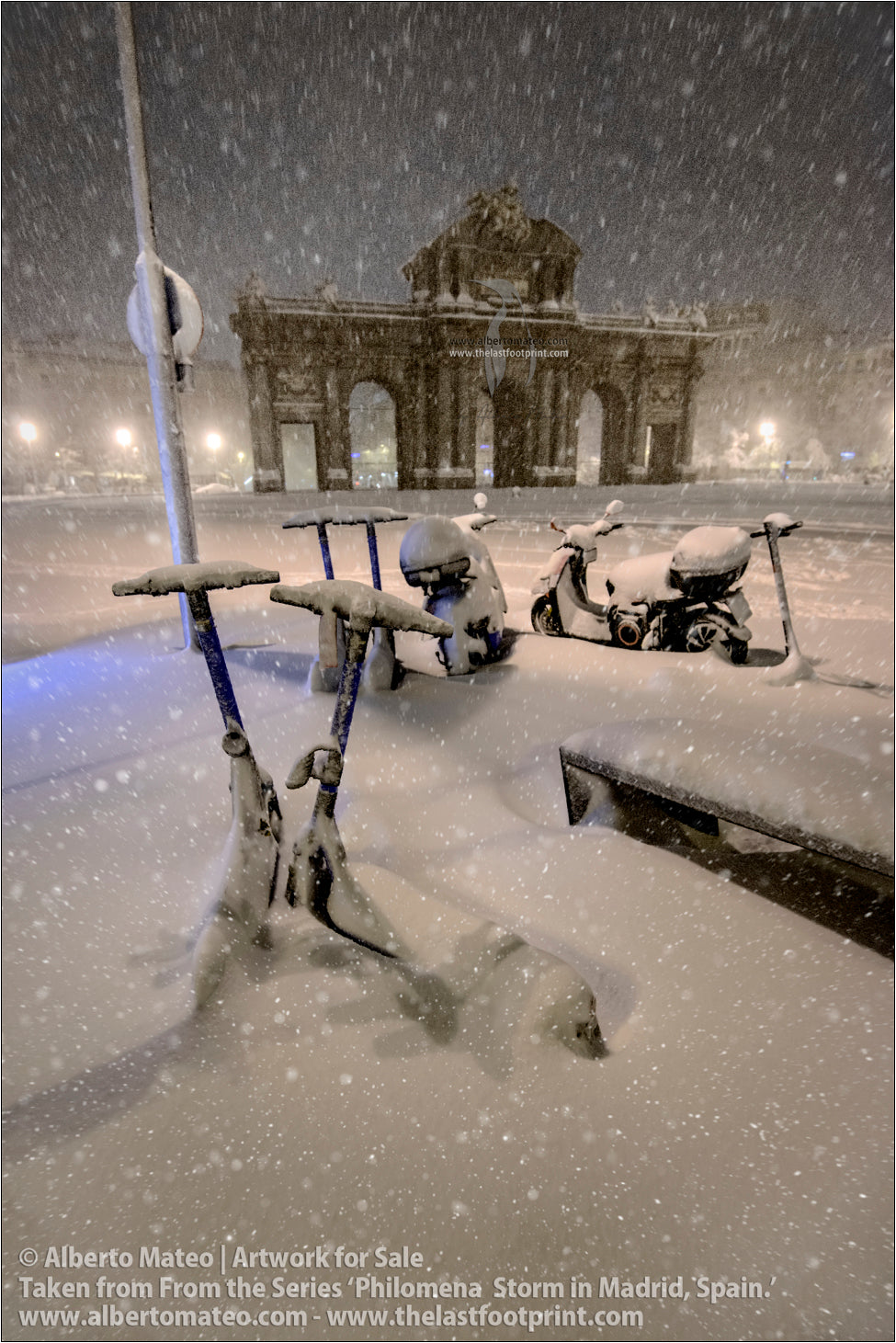 Puerta de Alcala during Filomena Winter Snow Storm, Madrid, Spain.