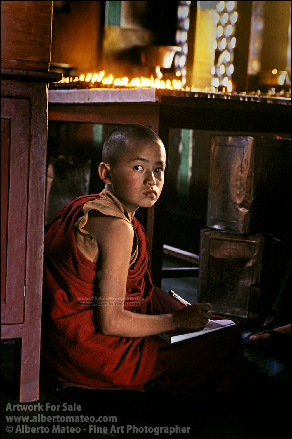 Monk Child doing homework, Swayambunath, Kathmandu. | Open Edition Fine Art Print.