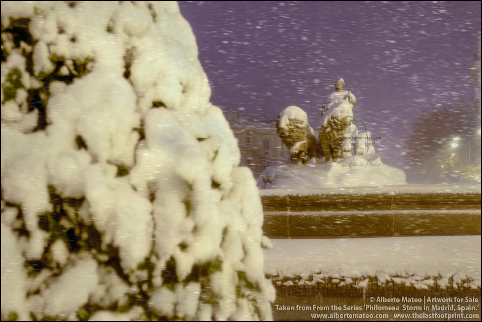 Cibeles Monument during Filomena Winter Snow Storm, Madrid, Spain.