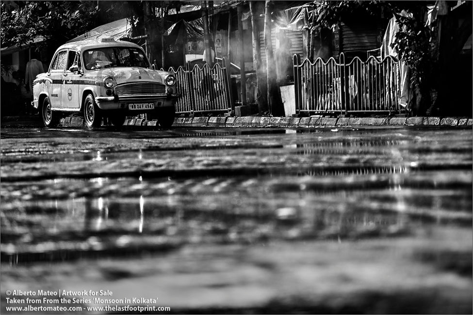 Ambassador Taxis in the rain, Kolkata, Bengal, India.