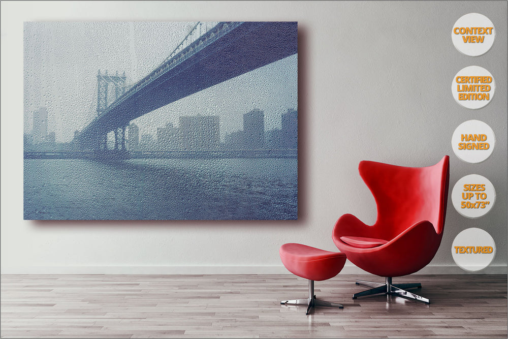 Manhattan Bridge under the rain, New York. | Print hanged in office.