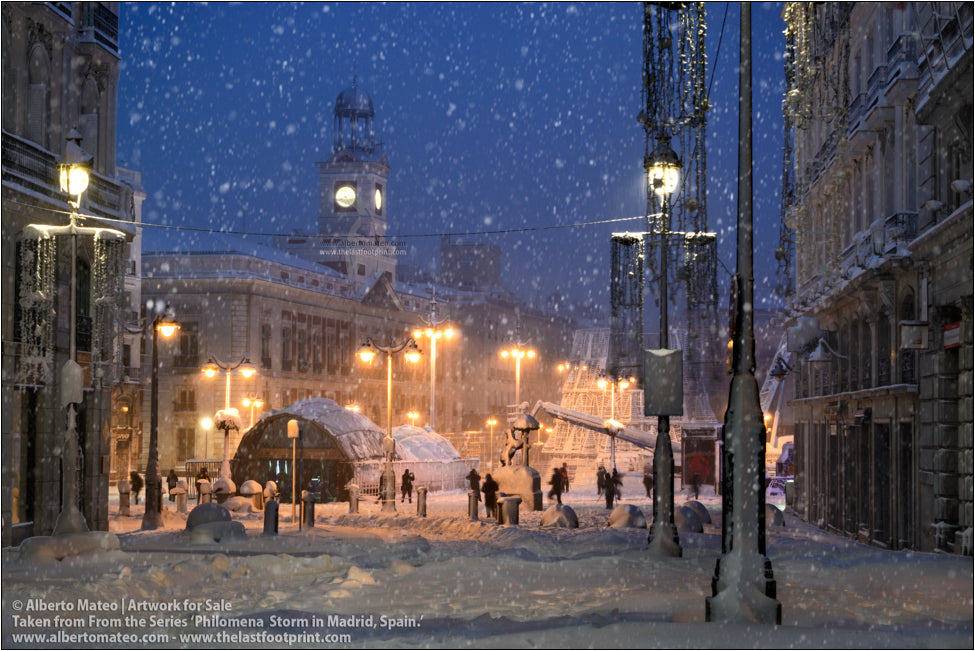 Puerta del Sol during Filomena Winter Snow Storm, Madrid, Spain.