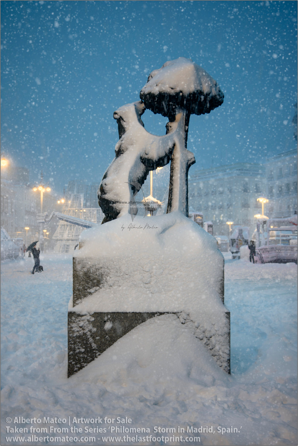 Bear Sculpture in Puerta del Sol during Filomena Winter Snow Storm, Madrid, Spain.