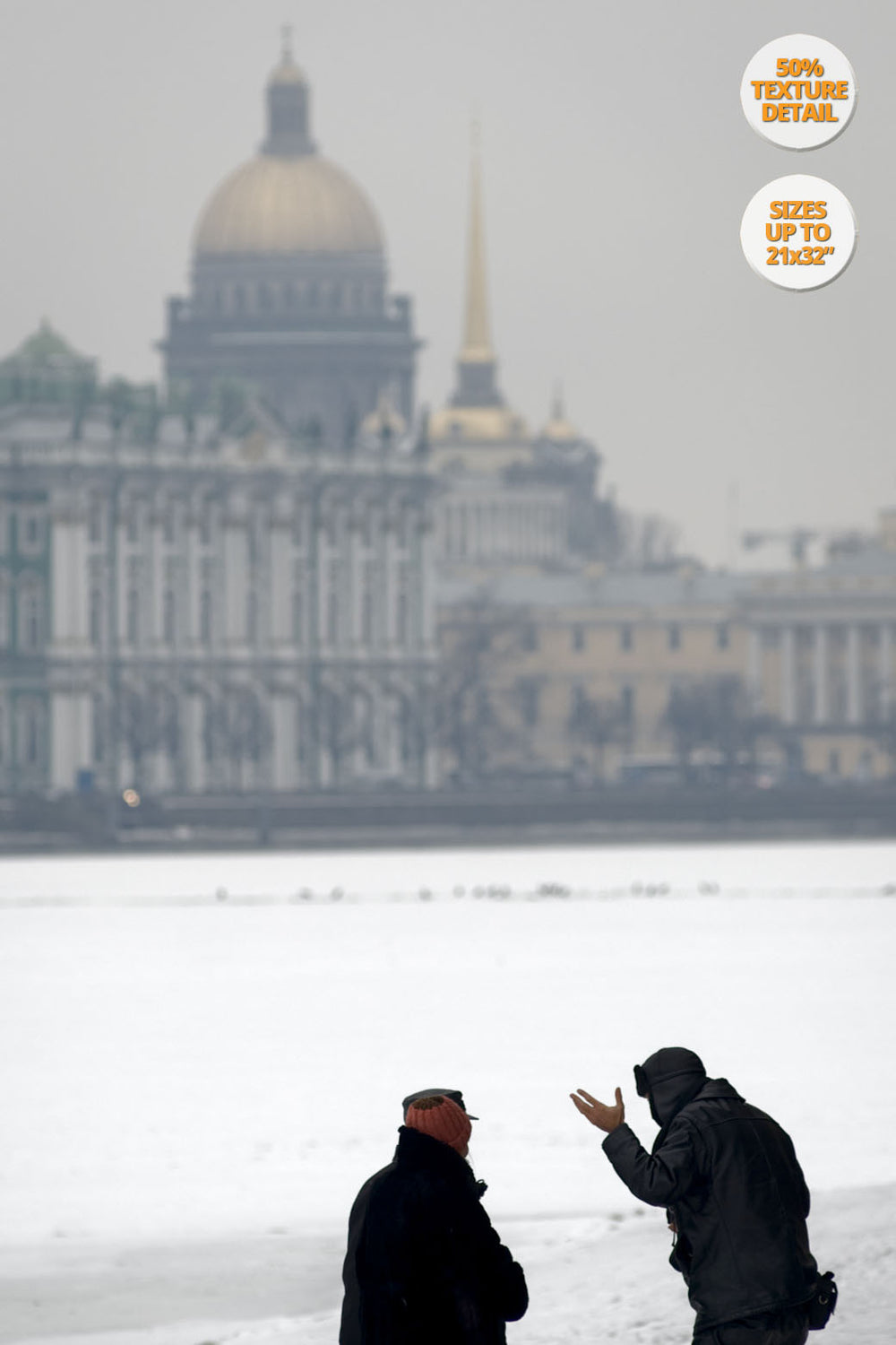 Pedestrians chatting over Frozen Neva River, St. Petersbourg. | 50% Print Detail.