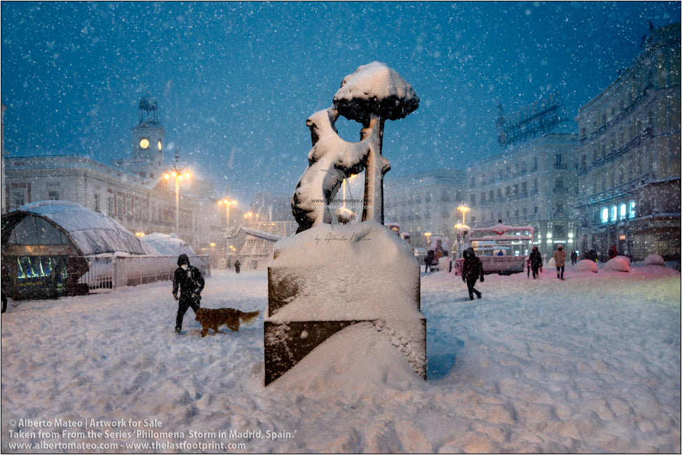 Bear Sculpture in Puerta del Sol Square during Filomena Winter Snow Storm, Madrid, Spain.