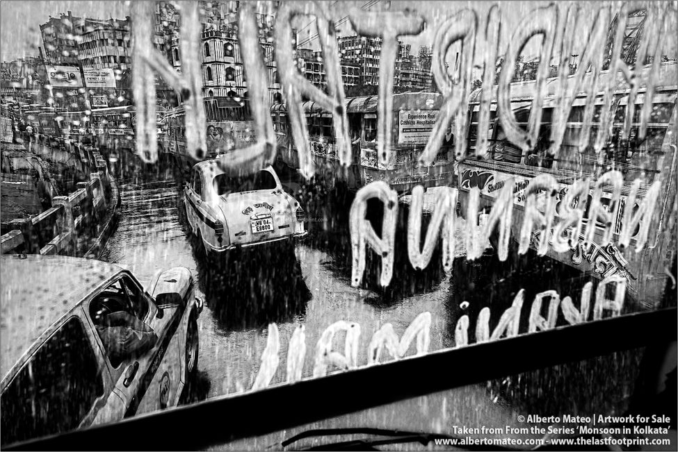 Ambassador Taxis in Monsoon Rain, Kolkata, Bengal, India.