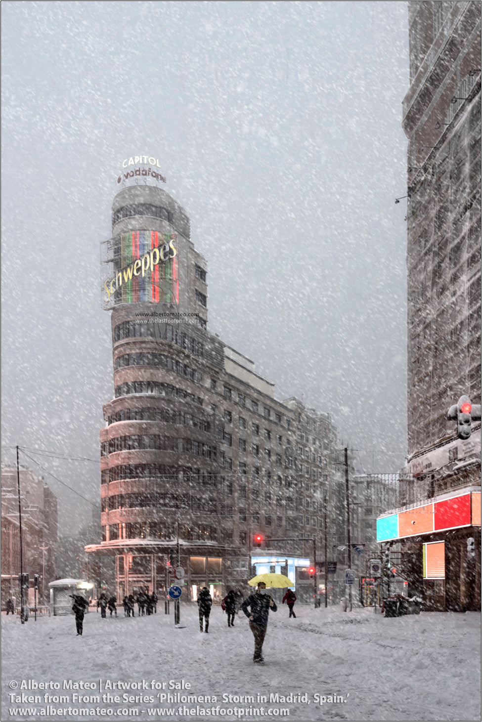 Edificio Capitol in Gran Via during Filomena Winter Snow Storm, Madrid, Spain.