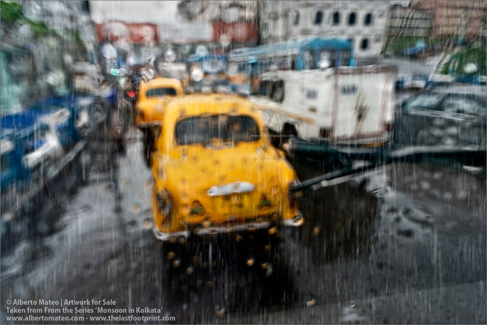 Ambassador Taxis, Rain, Kolkata, Bengal, India.