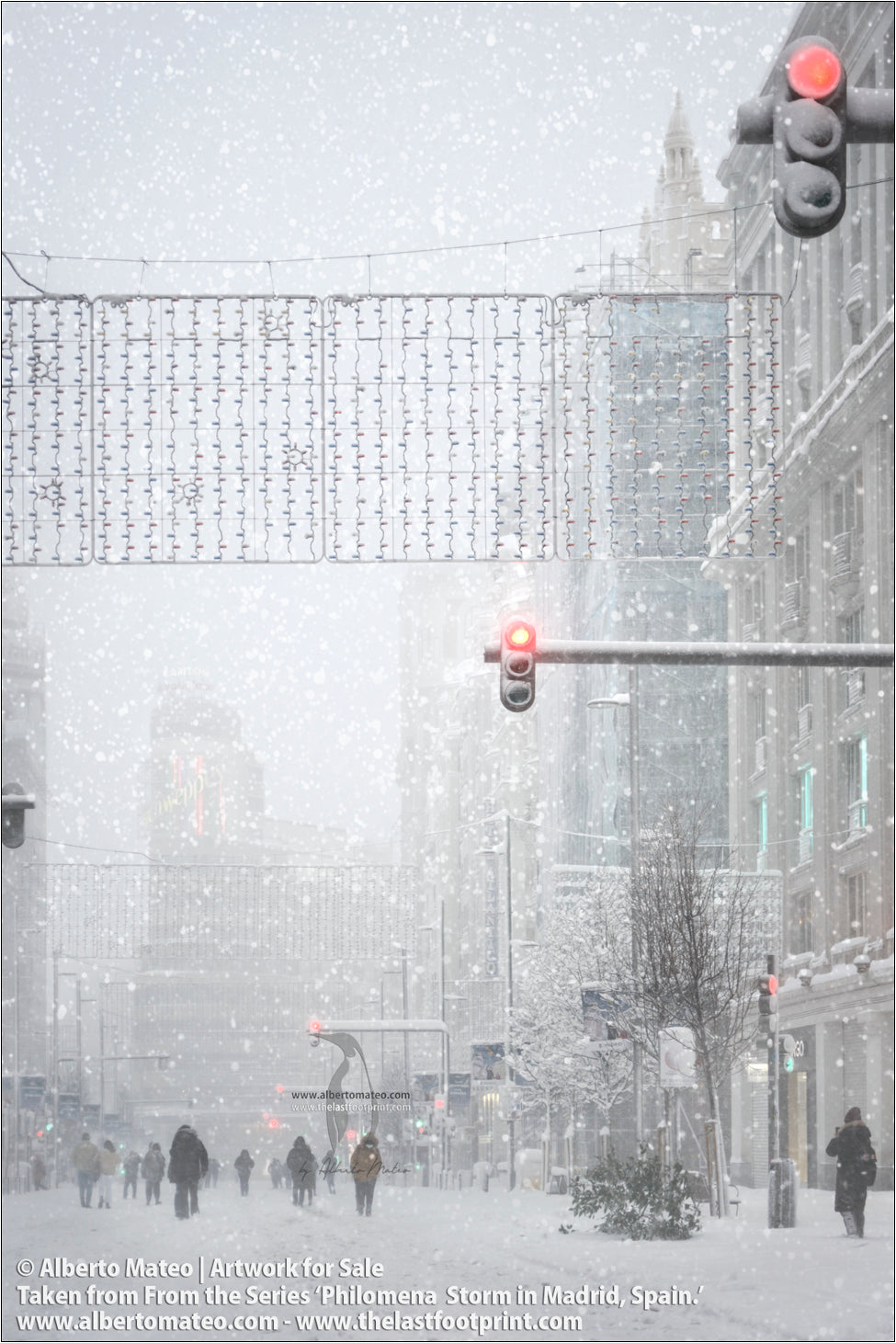 Edificio Capitol, Gran Via, during Filomena Winter Snow Storm, Madrid, Spain.