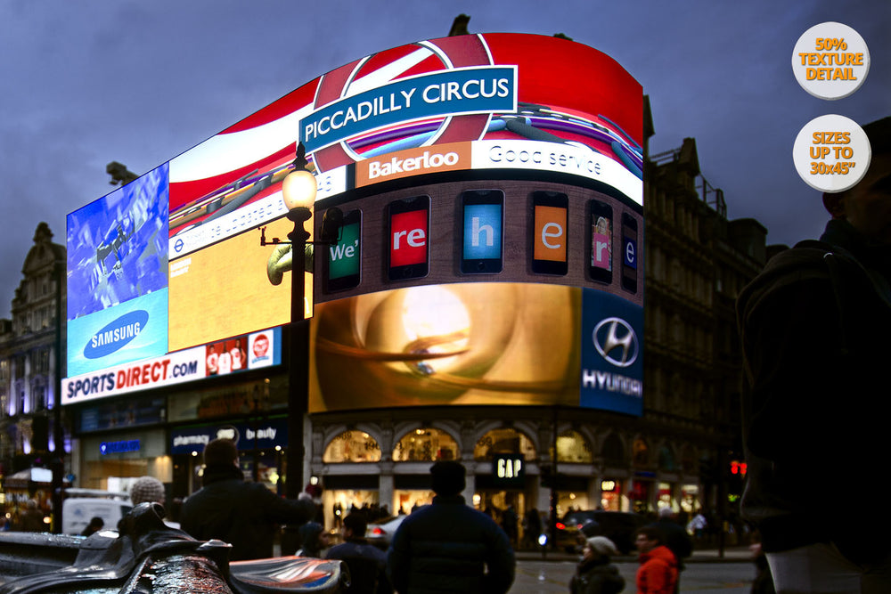 The neons of Piccadilly Circus, London, UK. | View of the Print at 50% magnification detail.