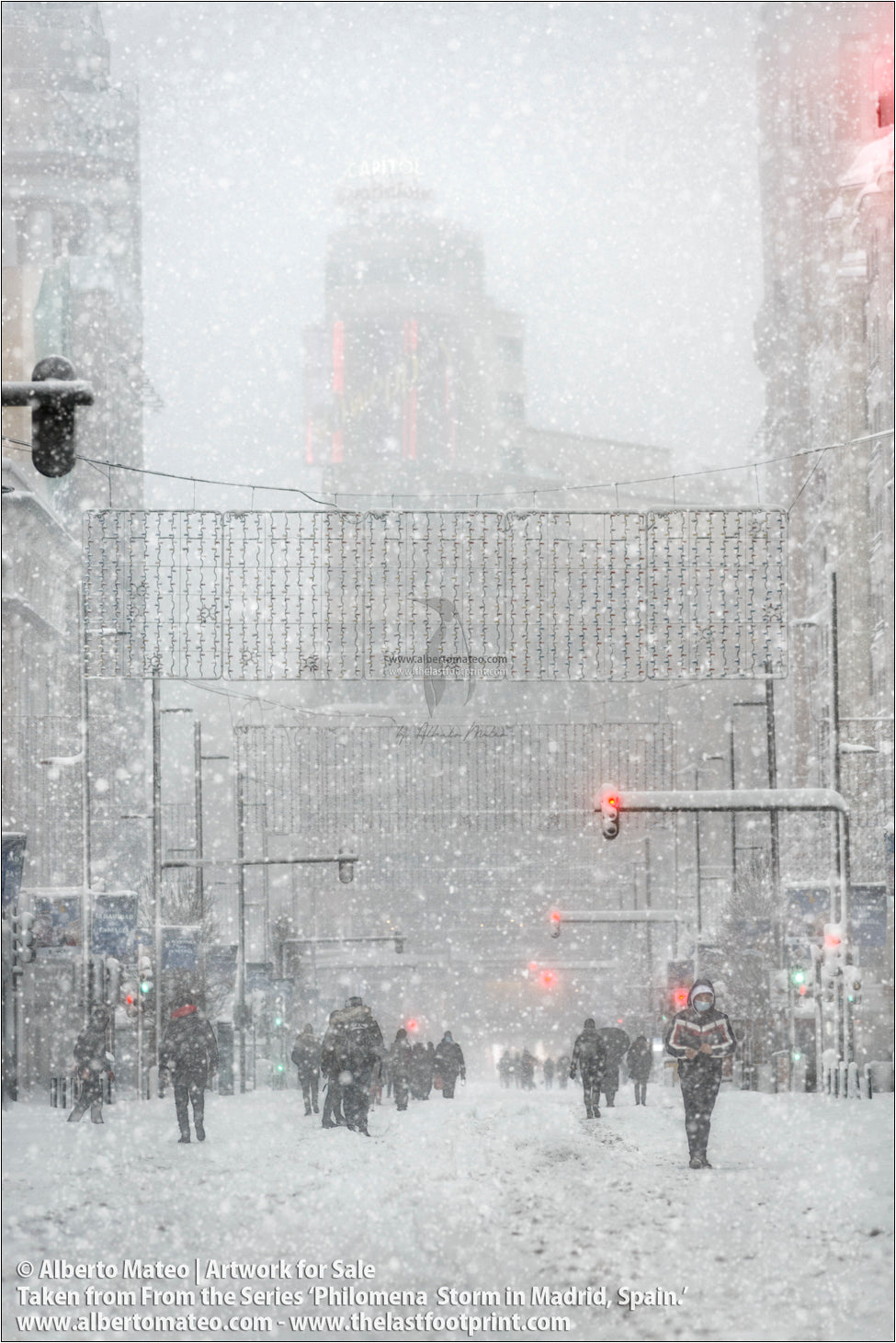 Gran Via, Edificio Capitol, Filomena Winter Snow Storm, Madrid, Spain.