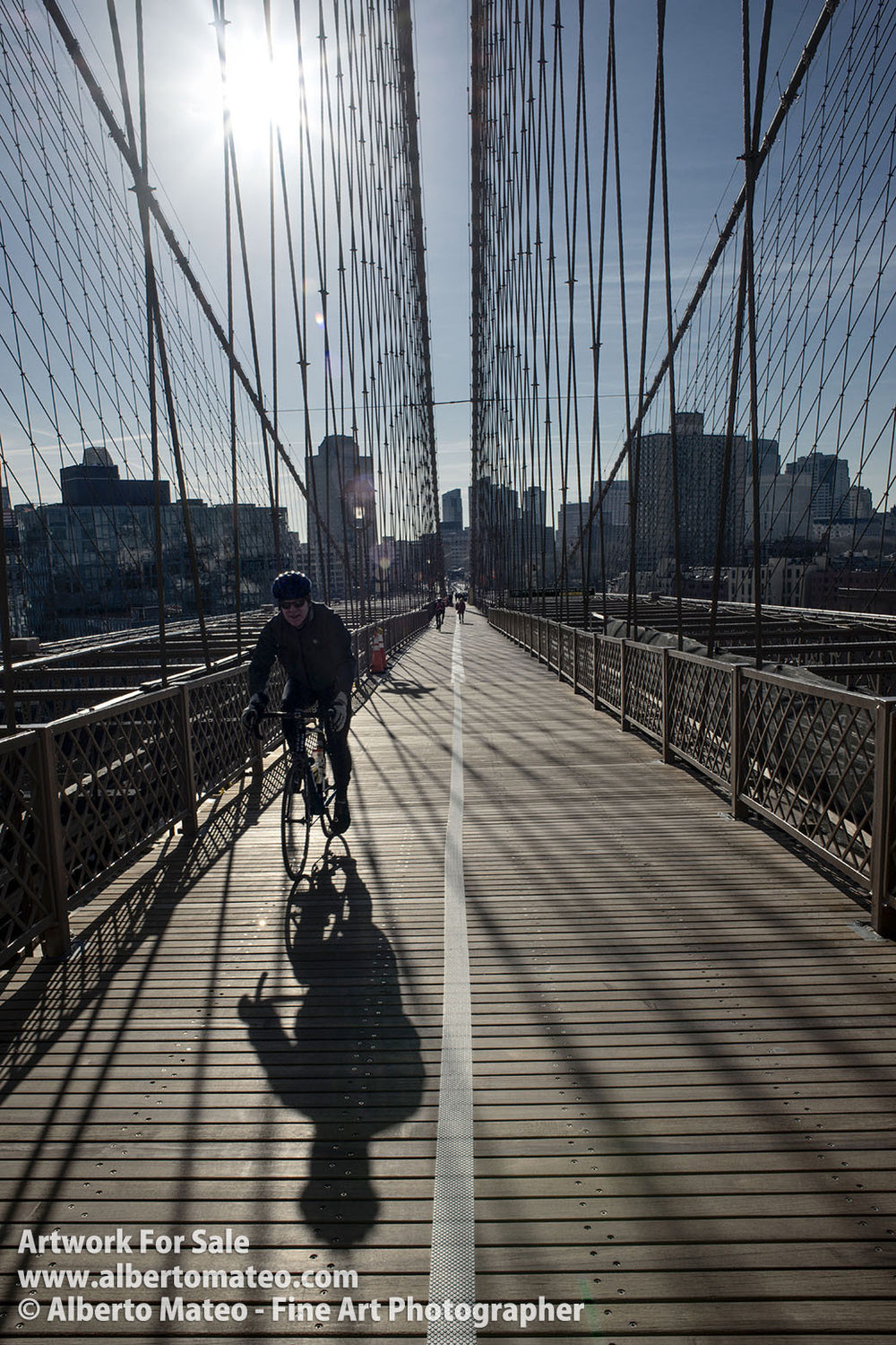 Cyclist on Brooklyn Bridge, Manhattan, New York City. | Fine Ar Print.