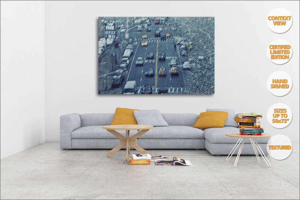Taxis in the rain, Lower Manhattan, New York. | View of the Print hanged in Living Room.