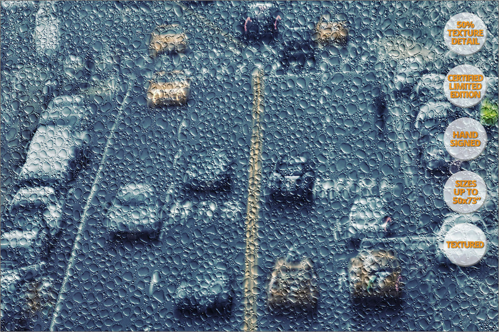 Taxis in the rain, Lower Manhattan, New York. | View of the Print at 50% magnification detail.