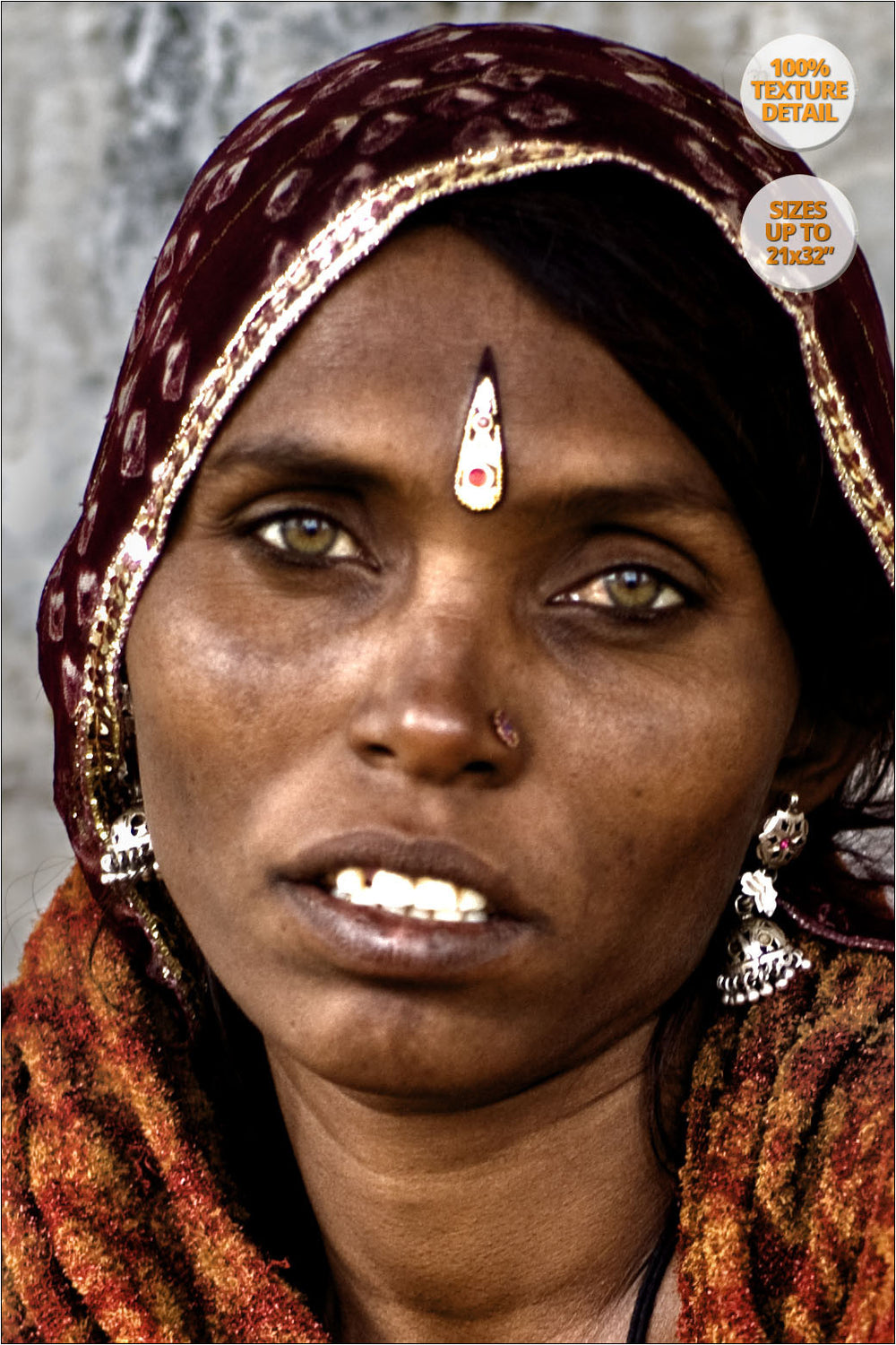 Portrait of Rajastani woman, Pushkar Camel Fair, Rajastan. | 100% Magnification Detail.