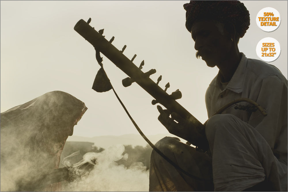 Rajastani Musicians, sunrise, Pushkar Camel Fair, India. | 50% Magnification Detail.
