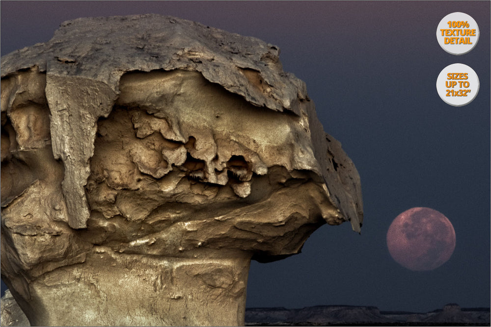 The Moon rising among rock formations, White Desert, Egypt. | 100% Magnification Detail View of the Print.