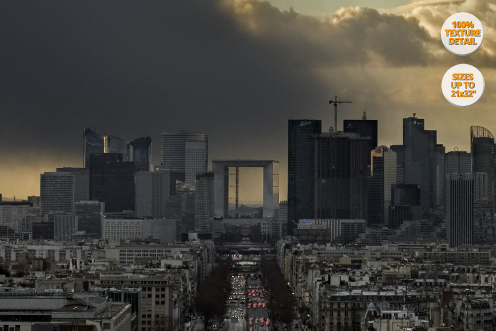 Storm clouds over La Defense, Paris, France.