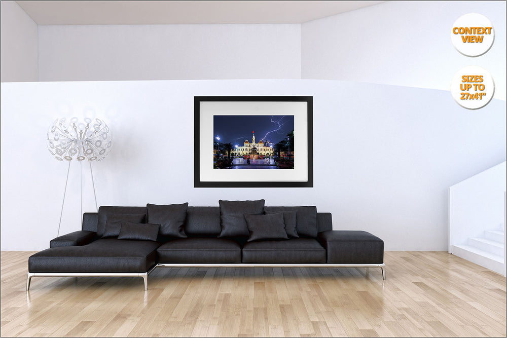 Thunderstorm over the Town Hall of Saigon, Vietnam. | View of framed Fine Art Print hanged in living room.