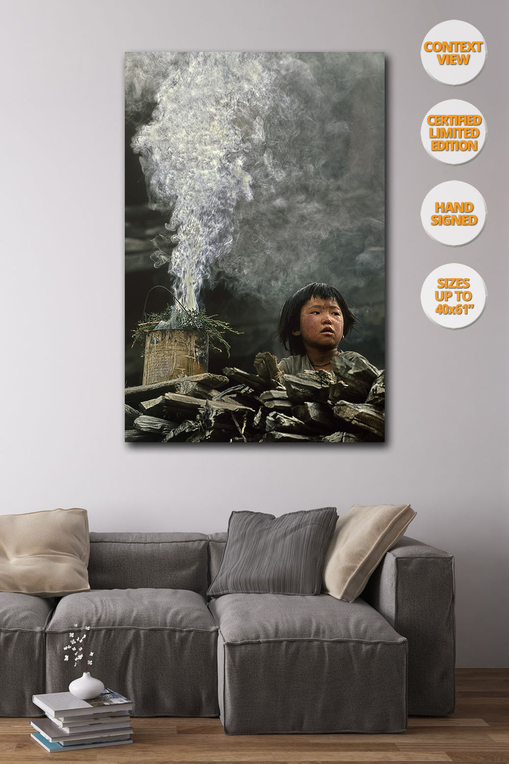 Boy and Incense smoke, Upper Pisang, Himalaya, Nepal. | Print hanged in living room.